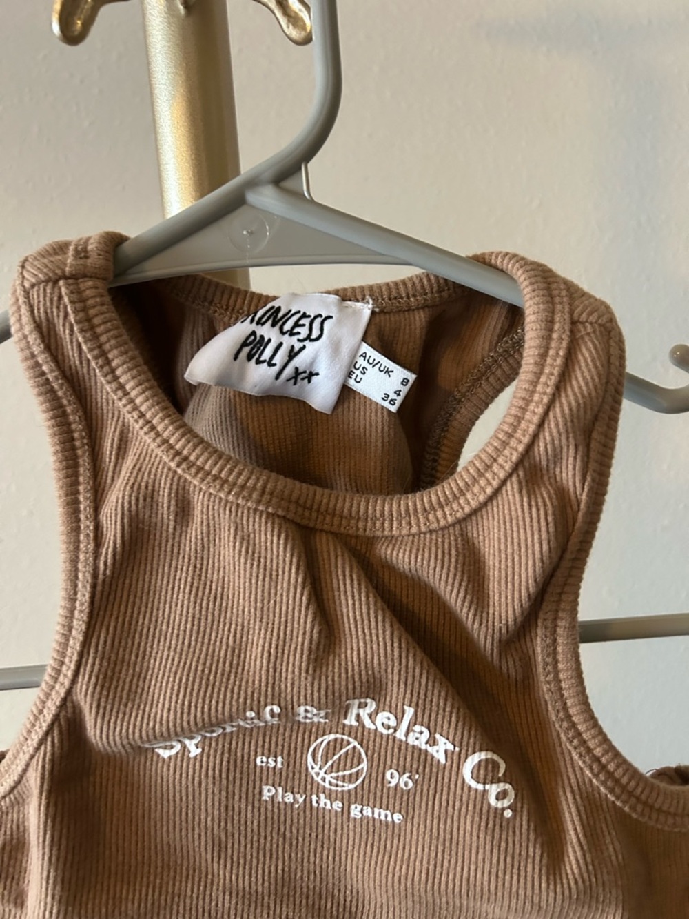 Princess Polly Brown Ribbed Tank Top with White Logo - Picture 2 of 3